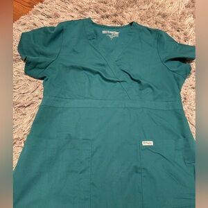 Barco Grey's Anatomy Women Scrub Top Large Green Two Pocket V-Neck Button Sides